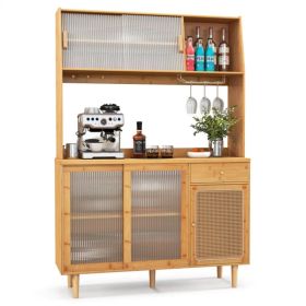 69-Inch Bamboo Kitchen Cabinet With Tempered Glass Doors, Extra Storage Space & Anti-Tilting Design (Option: Defaulttitle)
